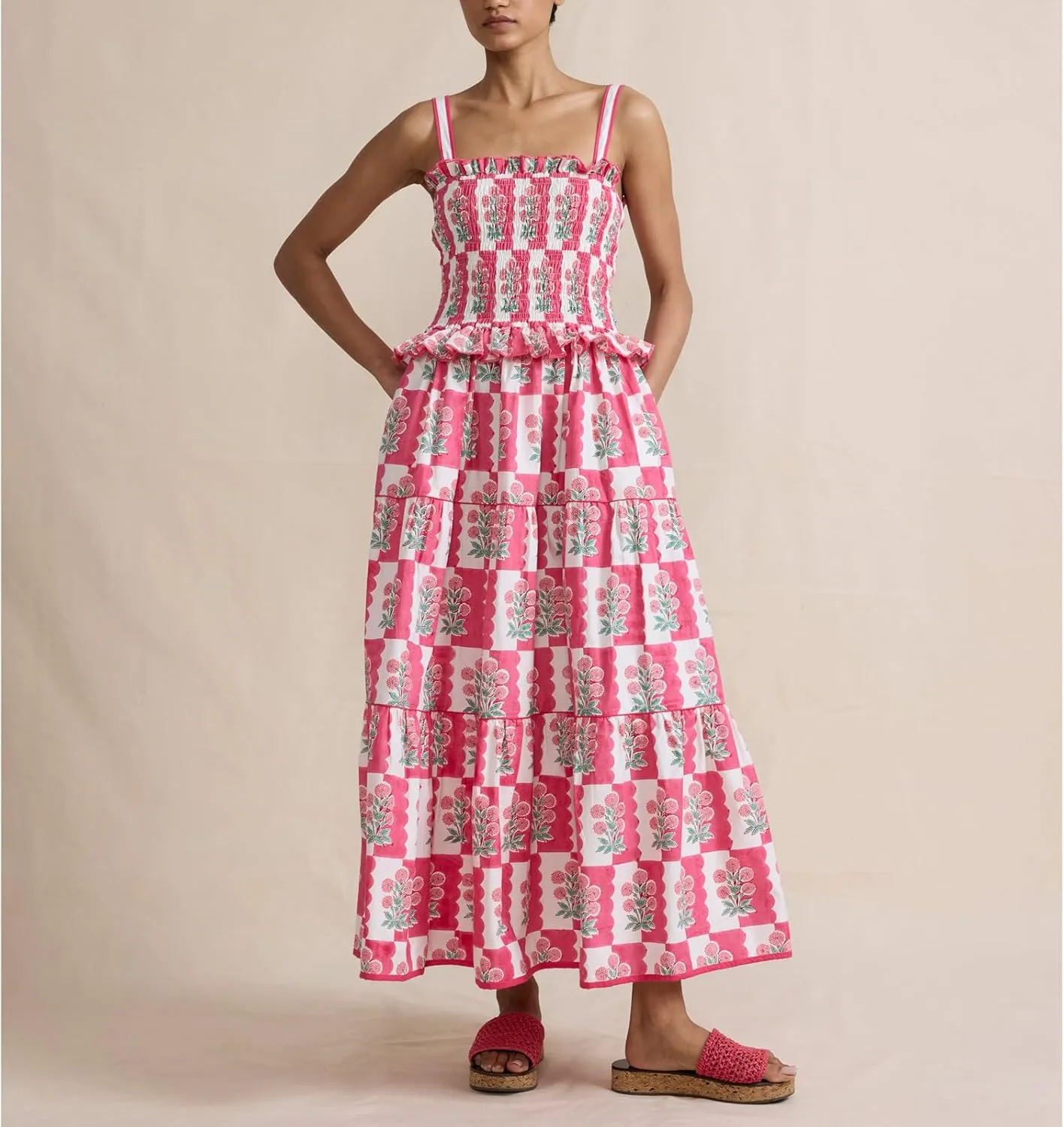 Women Tiered Ruffle Maxi Dress Floral Smocked Flowy Long Boho Beach Sundress Y2K A-Line Shoulder Tie Summer Midi Dress