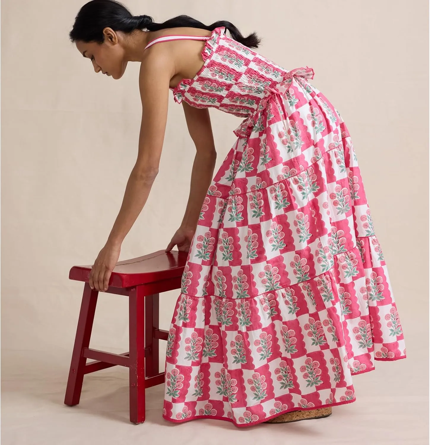 Women Tiered Ruffle Maxi Dress Floral Smocked Flowy Long Boho Beach Sundress Y2K A-Line Shoulder Tie Summer Midi Dress