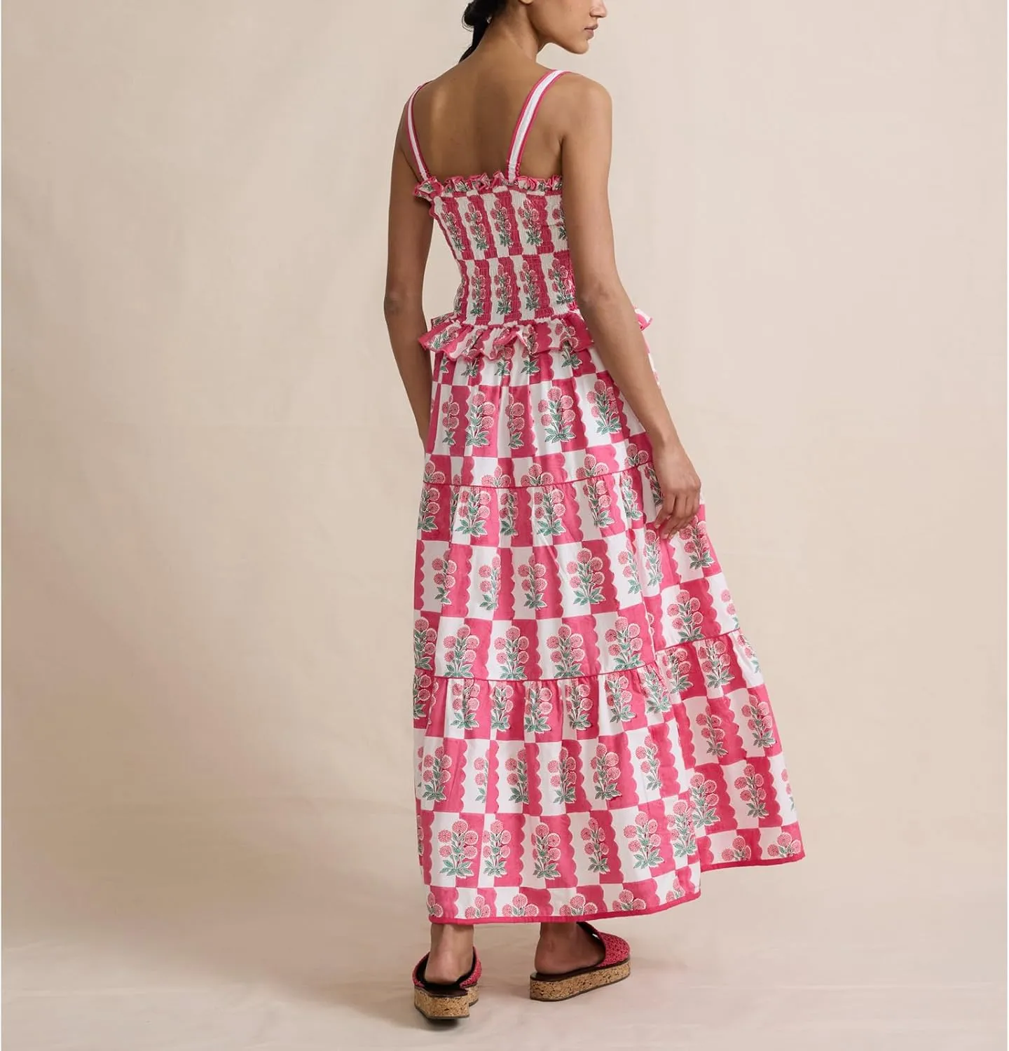 Women Tiered Ruffle Maxi Dress Floral Smocked Flowy Long Boho Beach Sundress Y2K A-Line Shoulder Tie Summer Midi Dress