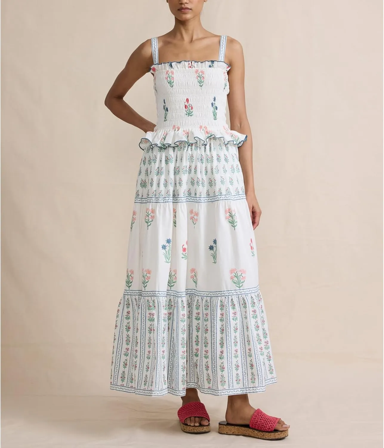 Women Tiered Ruffle Maxi Dress Floral Smocked Flowy Long Boho Beach Sundress Y2K A-Line Shoulder Tie Summer Midi Dress