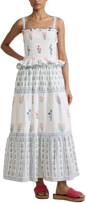 Women Tiered Ruffle Maxi Dress Floral Smocked Flowy Long Boho Beach Sundress Y2K A-Line Shoulder Tie Summer Midi Dress