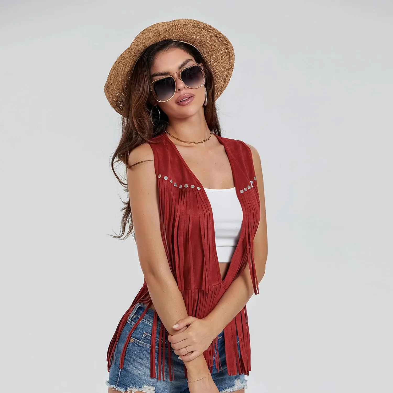 Women Vintage Western Fringe Vest Cowboy Cowgirl Clothes 70s Hippie Vest Tassel Country Concert Fringe Tops Shirts
