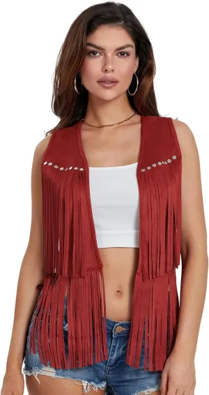 Women Vintage Western Fringe Vest Cowboy Cowgirl Clothes 70s Hippie Vest Tassel Country Concert Fringe Tops Shirts