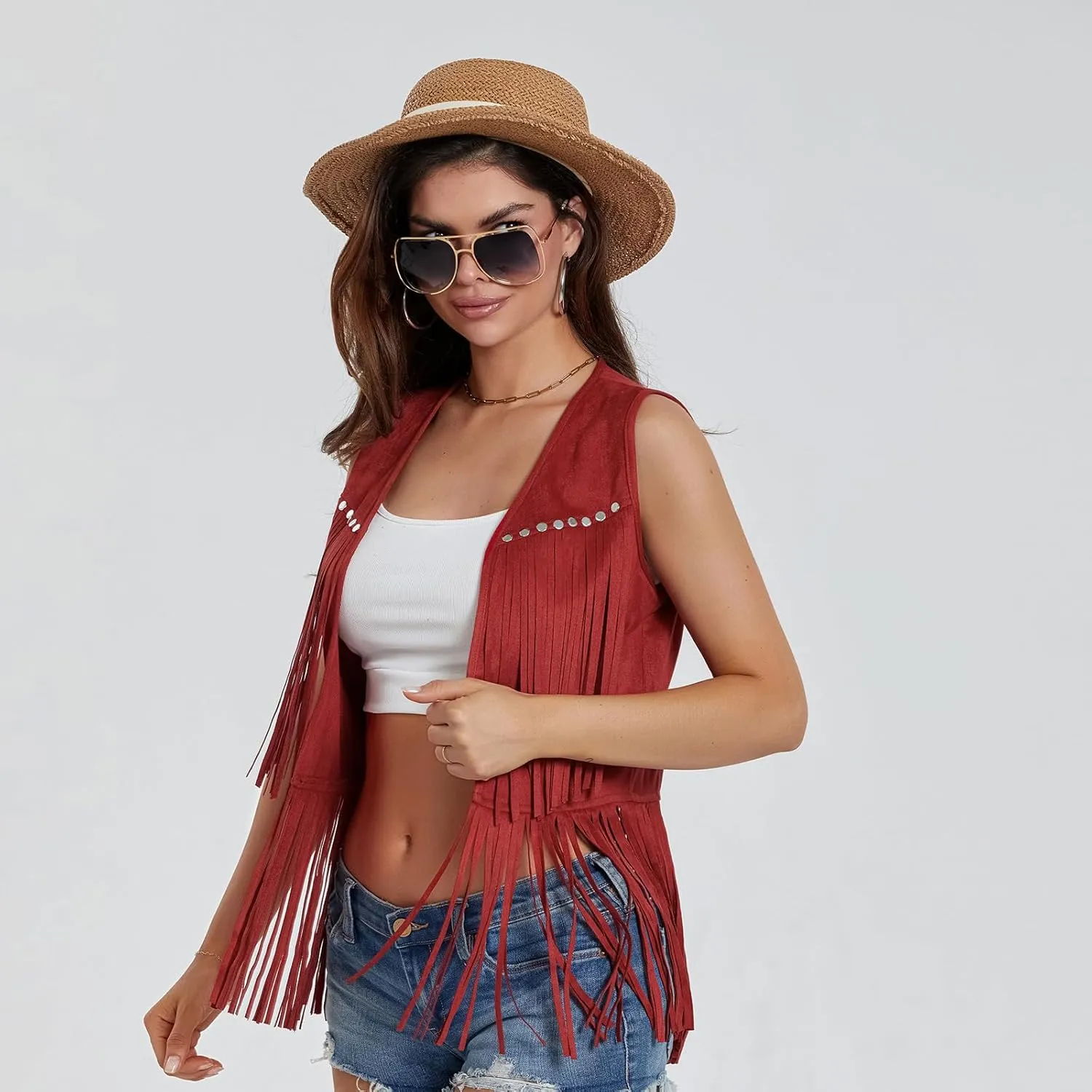 Women Vintage Western Fringe Vest Cowboy Cowgirl Clothes 70s Hippie Vest Tassel Country Concert Fringe Tops Shirts