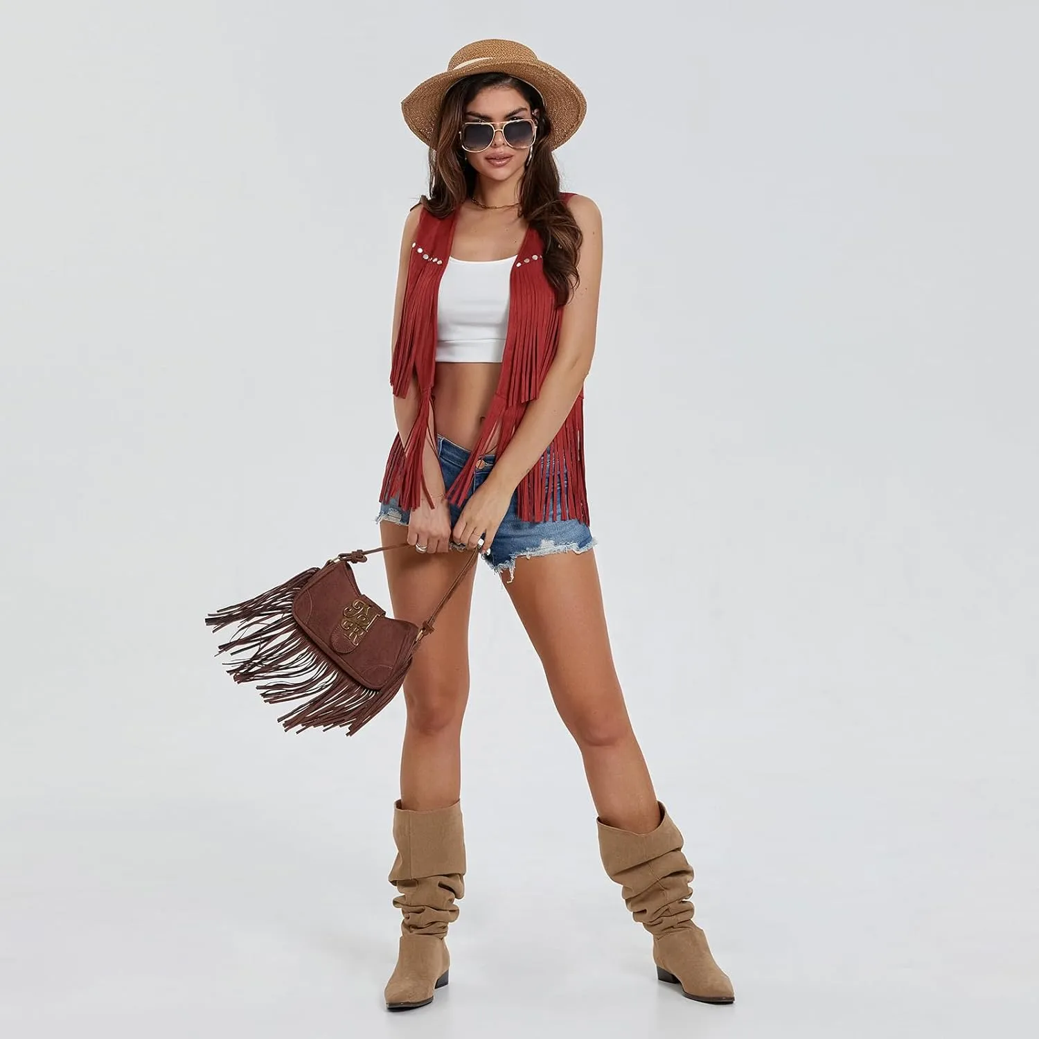 Women Vintage Western Fringe Vest Cowboy Cowgirl Clothes 70s Hippie Vest Tassel Country Concert Fringe Tops Shirts