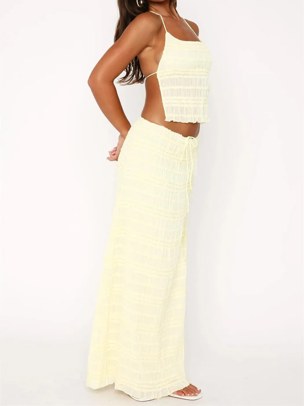 Women Y2k 2 Piece Maxi Skirt Set Sexy Backless Halter Crop Cami Top Tiered Smocked Flowy Long Skirt Beach Matching Set