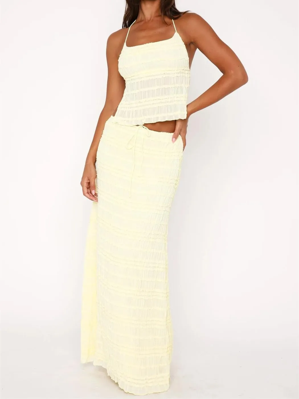 Women Y2k 2 Piece Maxi Skirt Set Sexy Backless Halter Crop Cami Top Tiered Smocked Flowy Long Skirt Beach Matching Set