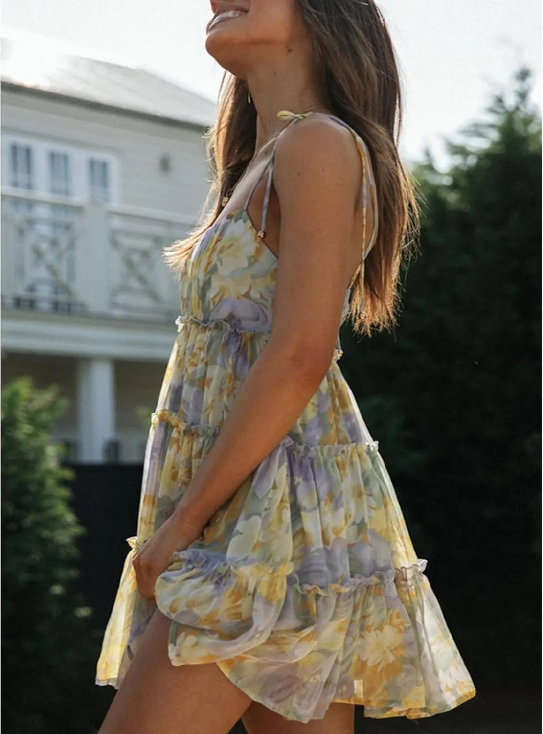 Women Y2k Boho Ruffle Mini Dress Floral Spaghetti Strap Bowknot Short Dresses Tiered Square Neck Sleeveless Sundress