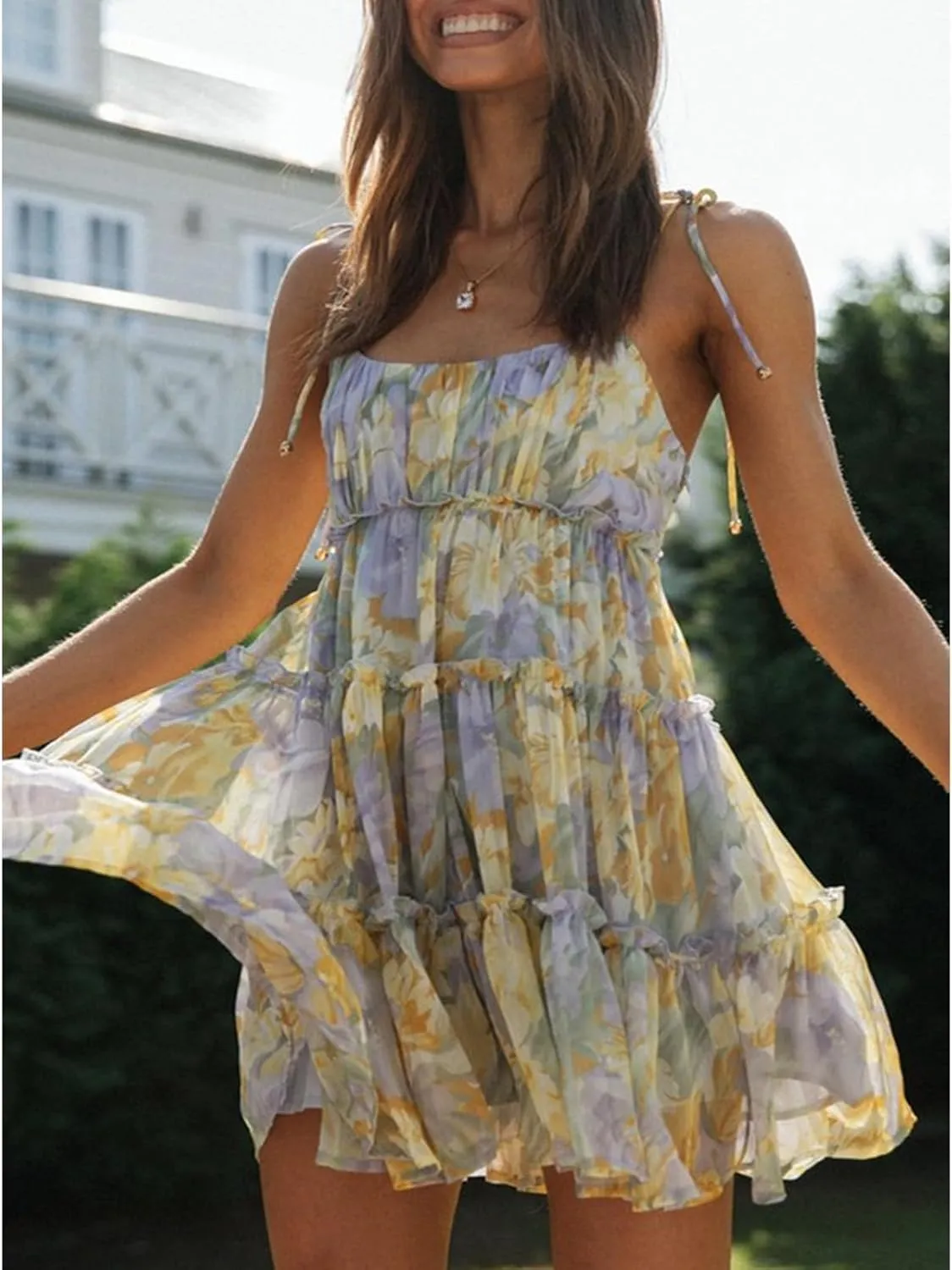 Women Y2k Boho Ruffle Mini Dress Floral Spaghetti Strap Bowknot Short Dresses Tiered Square Neck Sleeveless Sundress