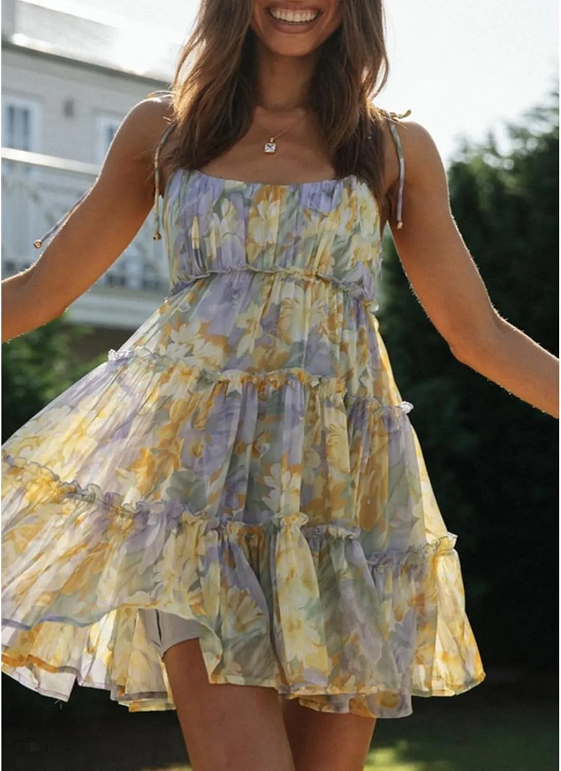 Women Y2k Boho Ruffle Mini Dress Floral Spaghetti Strap Bowknot Short Dresses Tiered Square Neck Sleeveless Sundress