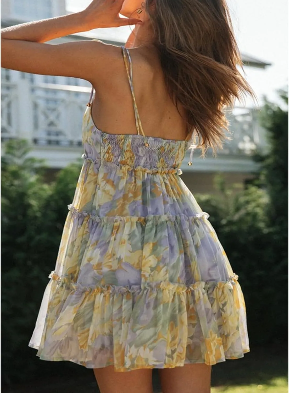 Women Y2k Boho Ruffle Mini Dress Floral Spaghetti Strap Bowknot Short Dresses Tiered Square Neck Sleeveless Sundress