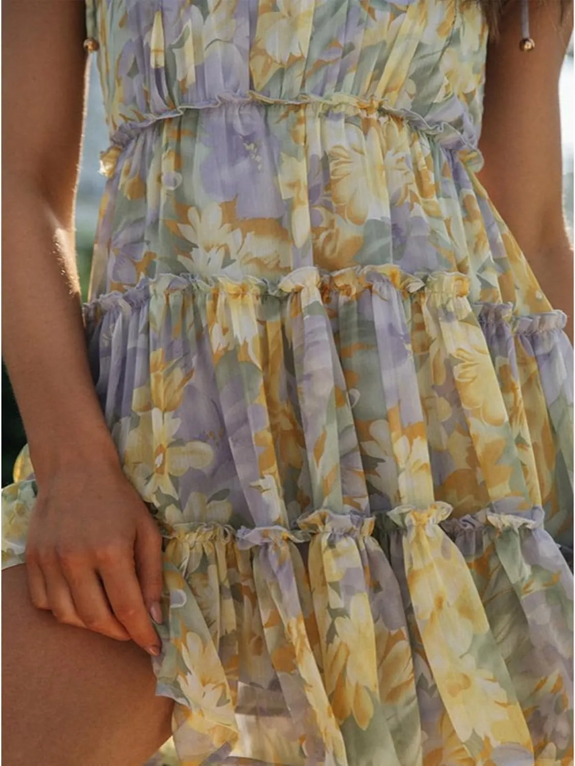 Women Y2k Boho Ruffle Mini Dress Floral Spaghetti Strap Bowknot Short Dresses Tiered Square Neck Sleeveless Sundress