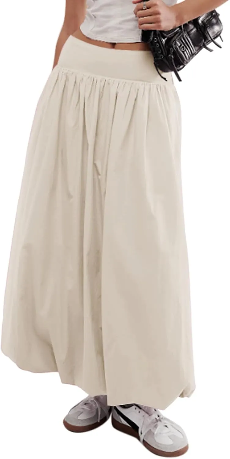 Women Y2k Bubble Maxi Skirt Summer Elastic Low Waist A Line Long Skirt Casual Fairy Ruffle Pleated Midi Dress