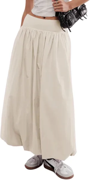 Women Y2k Bubble Maxi Skirt Summer Elastic Low Waist A Line Long Skirt Casual Fairy Ruffle Pleated Midi Dress