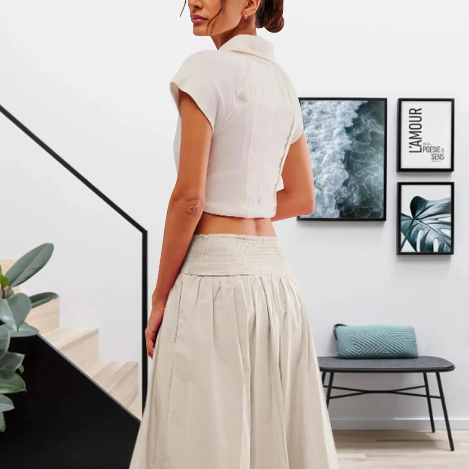 Women Y2k Bubble Maxi Skirt Summer Elastic Low Waist A Line Long Skirt Casual Fairy Ruffle Pleated Midi Dress