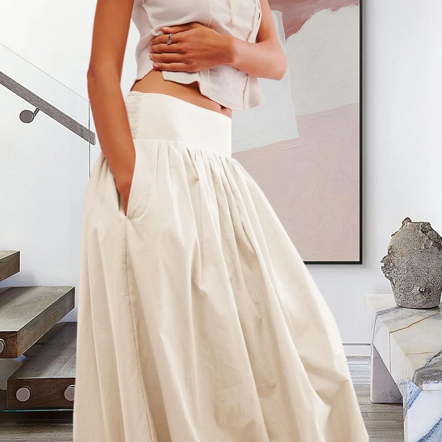 Women Y2k Bubble Maxi Skirt Summer Elastic Low Waist A Line Long Skirt Casual Fairy Ruffle Pleated Midi Dress