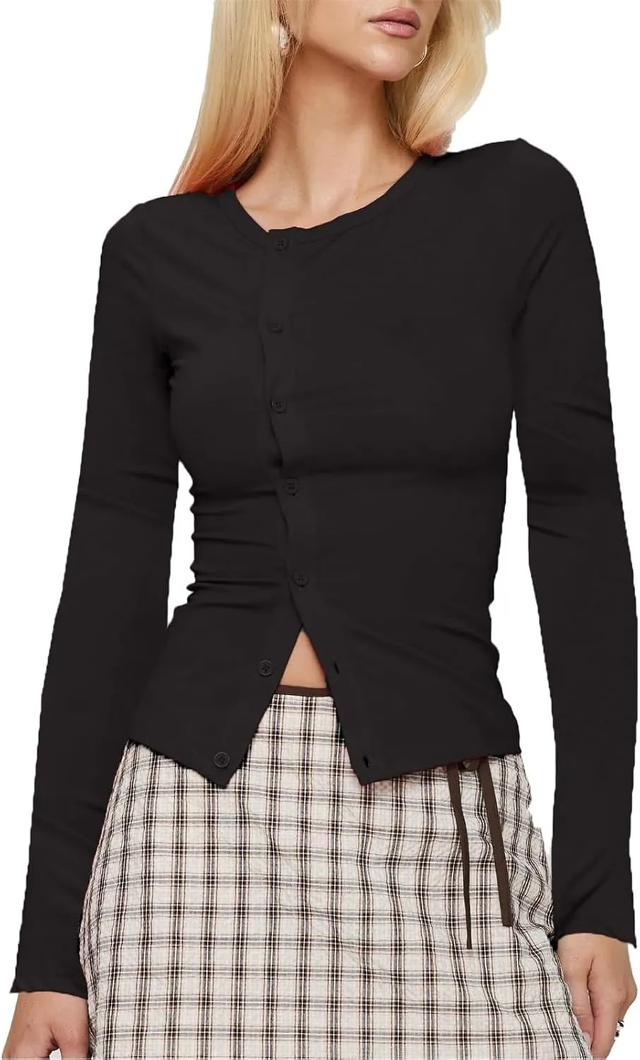 Women Y2K Button Down Knitted Tops Long Sleeve Slim Fit Ribbed Tee Tops Open Front Casual Cardigan