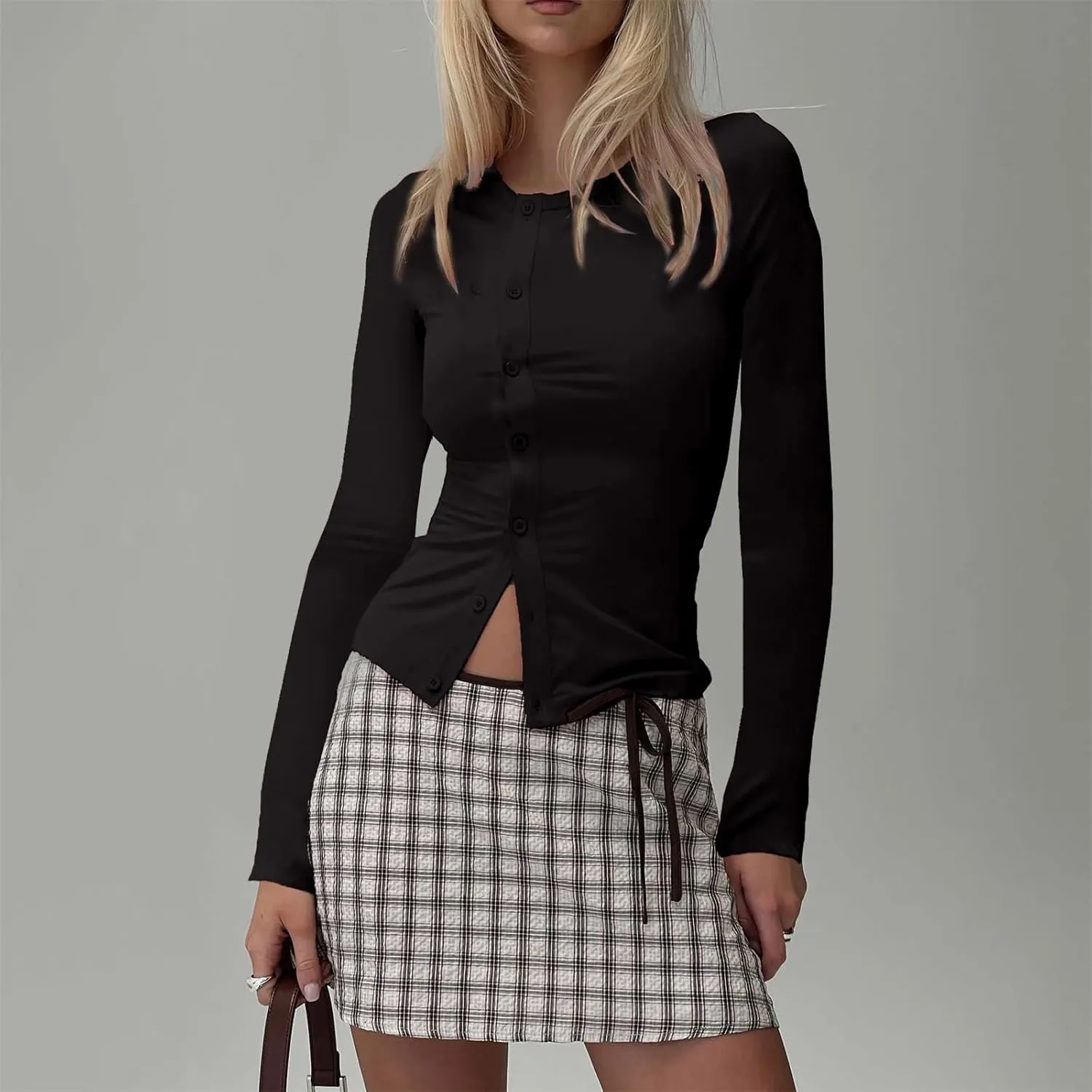 Women Y2K Button Down Knitted Tops Long Sleeve Slim Fit Ribbed Tee Tops Open Front Casual Cardigan