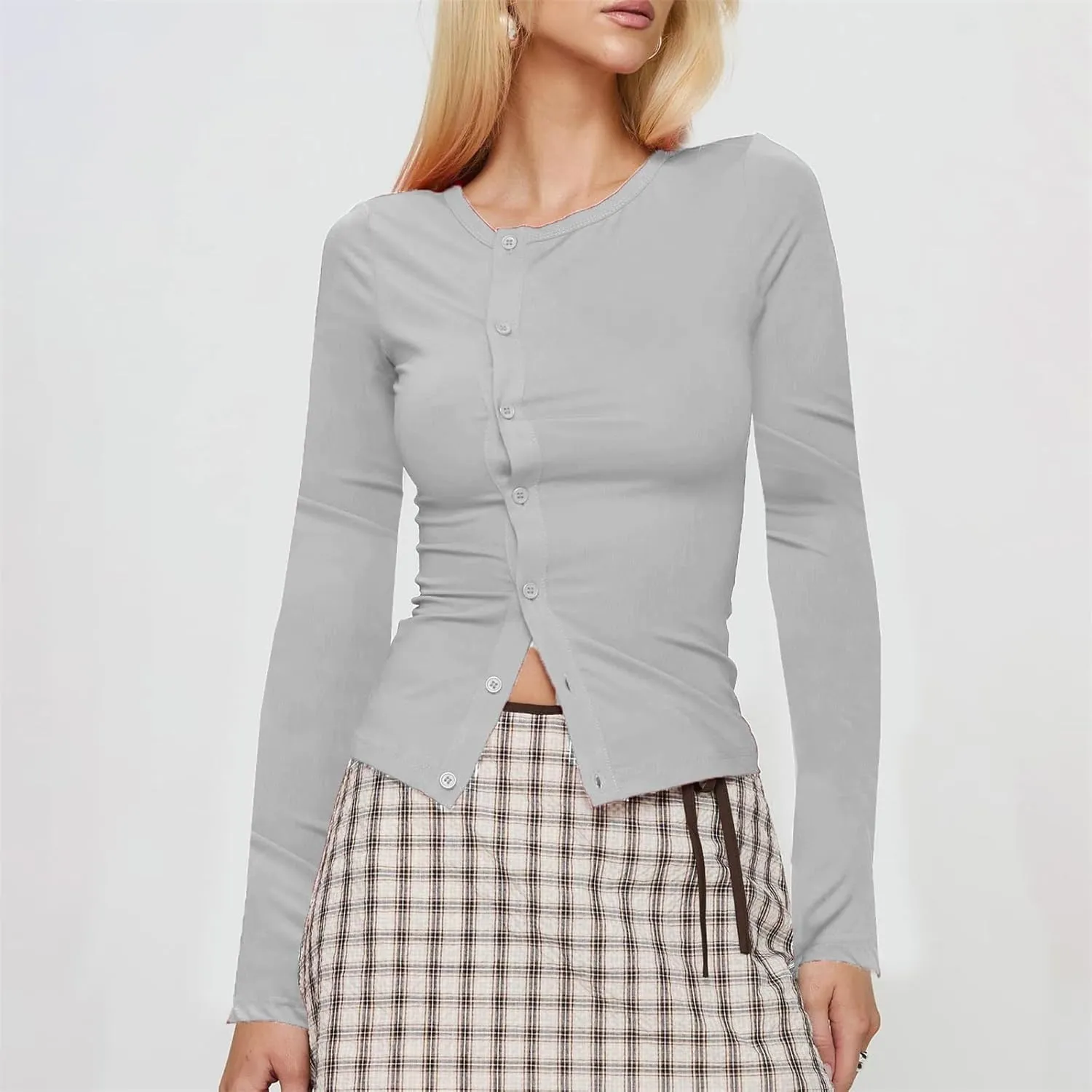 Women Y2K Button Down Knitted Tops Long Sleeve Slim Fit Ribbed Tee Tops Open Front Casual Cardigan