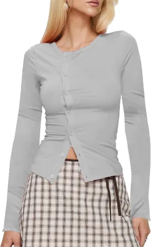 Women Y2K Button Down Knitted Tops Long Sleeve Slim Fit Ribbed Tee Tops Open Front Casual Cardigan