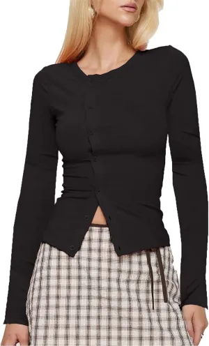 Women Y2K Button Down Knitted Tops Long Sleeve Slim Fit Ribbed Tee Tops Open Front Casual Cardigan