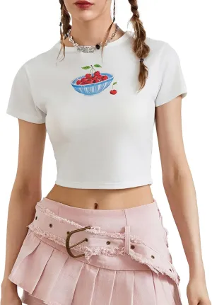 Women Y2k Graphic T-Shirt Crew Neck Short Sleeve Baby Tee Summer Crop Tops 00S Aesthetic Going Out Tops Streetwear