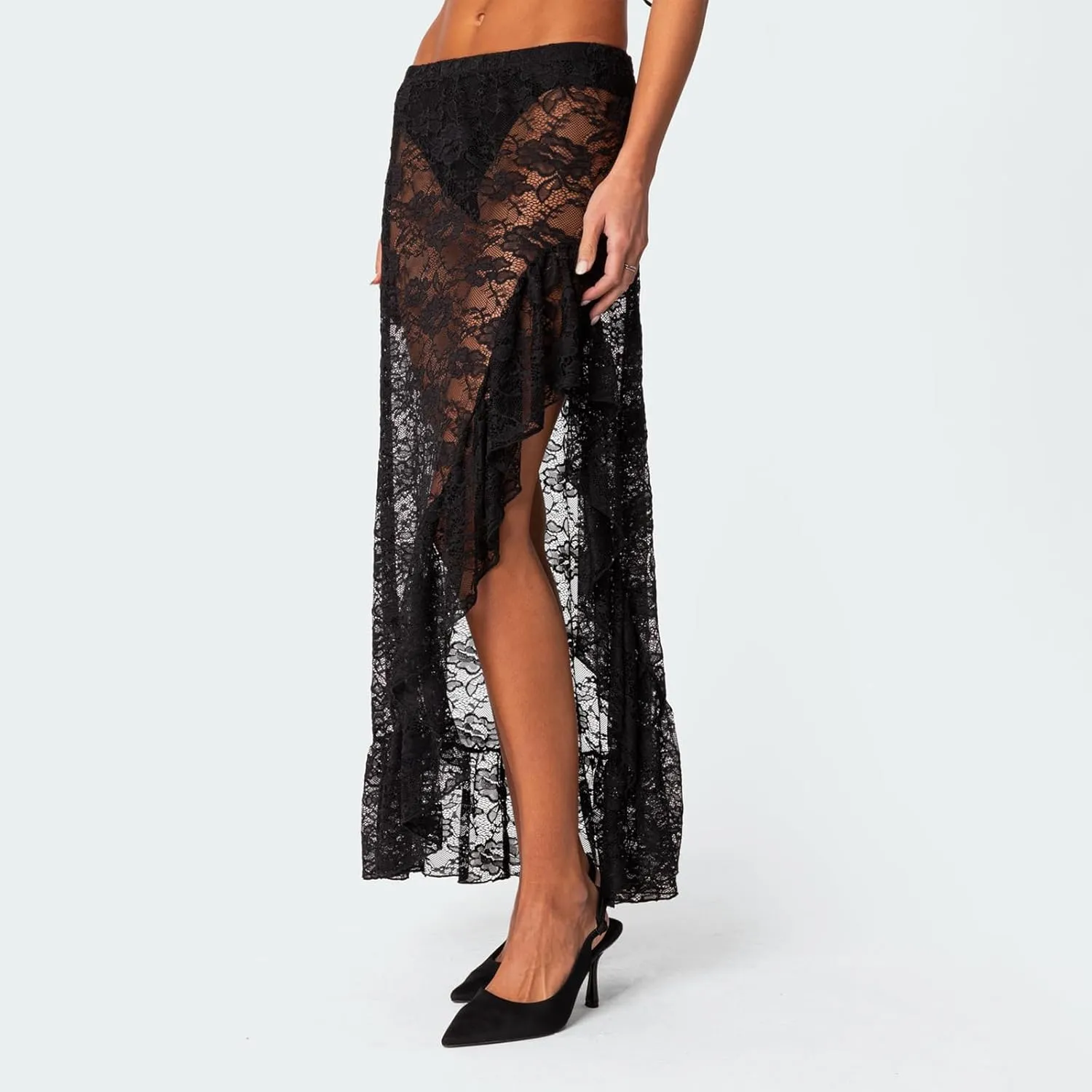 Women Y2k Lace Maxi Skirt Summer Sexy See Through Long Lace Skirt Casual Boho Fairy Grunge Midi Lace Skirt