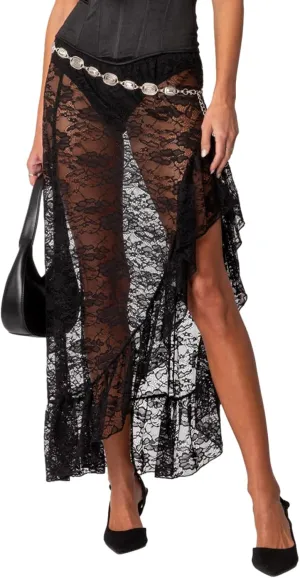 Women Y2k Lace Maxi Skirt Summer Sexy See Through Long Lace Skirt Casual Boho Fairy Grunge Midi Lace Skirt
