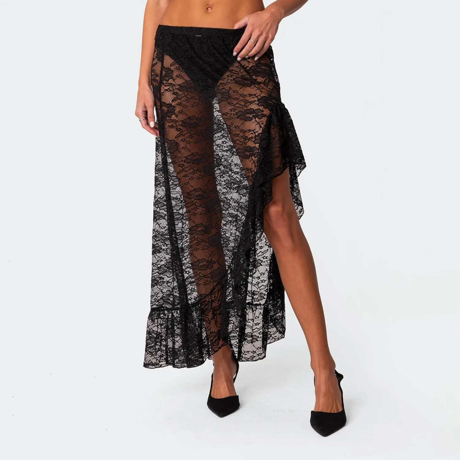 Women Y2k Lace Maxi Skirt Summer Sexy See Through Long Lace Skirt Casual Boho Fairy Grunge Midi Lace Skirt