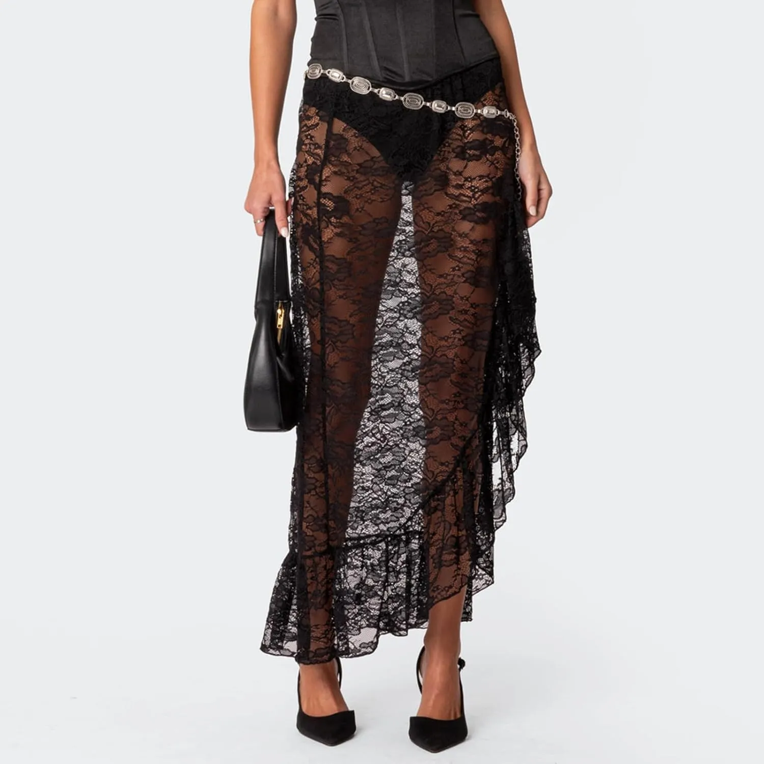 Women Y2k Lace Maxi Skirt Summer Sexy See Through Long Lace Skirt Casual Boho Fairy Grunge Midi Lace Skirt