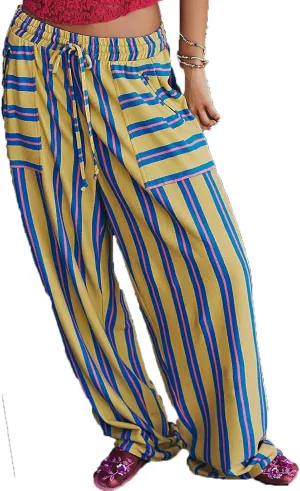 Women Y2k Striped Long Pants Wide Leg Stripes Print Lounge Pants High Waist Drawstring Striped Trousers