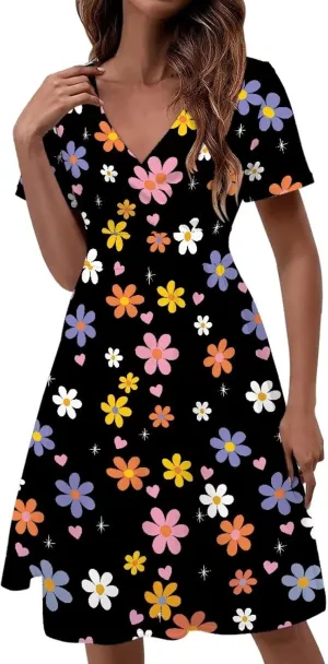 Women's 1950s Retro Rockabilly Dress Floral Motif Audrey Style Hepburn Waist-Slimming A-line Dress Short Sleeve