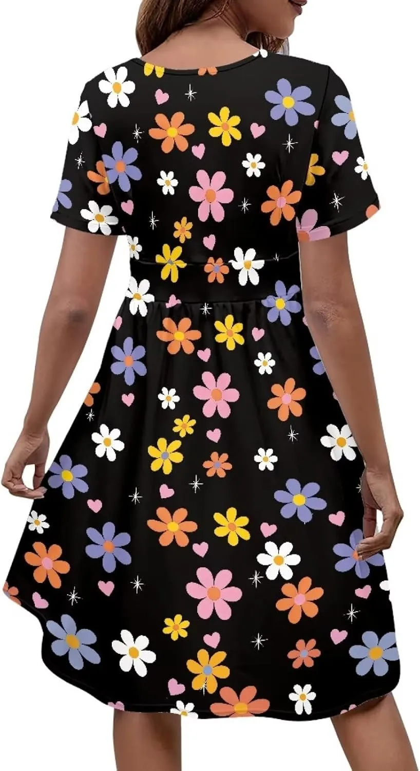 Women's 1950s Retro Rockabilly Dress Floral Motif Audrey Style Hepburn Waist-Slimming A-line Dress Short Sleeve