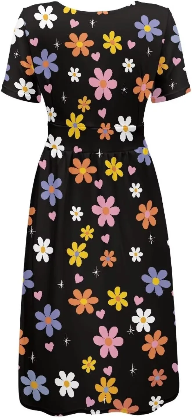 Women's 1950s Retro Rockabilly Dress Floral Motif Audrey Style Hepburn Waist-Slimming A-line Dress Short Sleeve