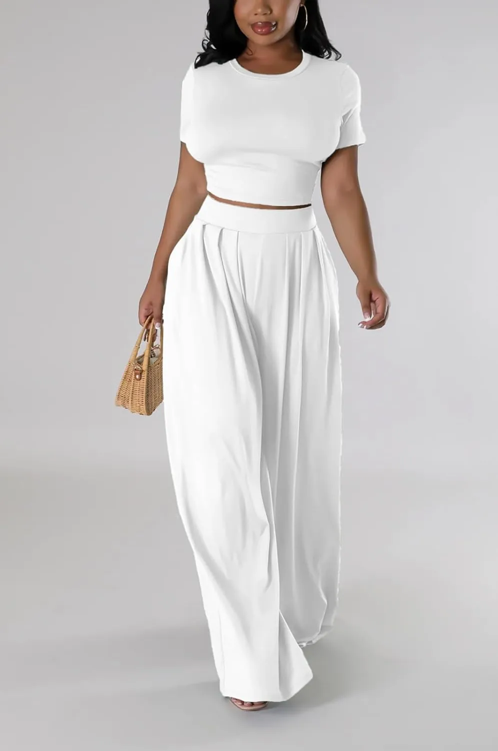 Womens 2 Piece Lounge Sets Casual Comfy Tracksuits Outfits Crop Tops Round Neck Wide Leg Pants Short Sleeve Jumpsuits