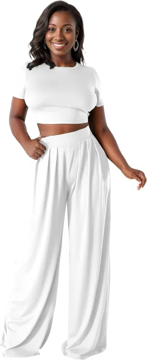 Womens 2 Piece Lounge Sets Casual Comfy Tracksuits Outfits Crop Tops Round Neck Wide Leg Pants Short Sleeve Jumpsuits