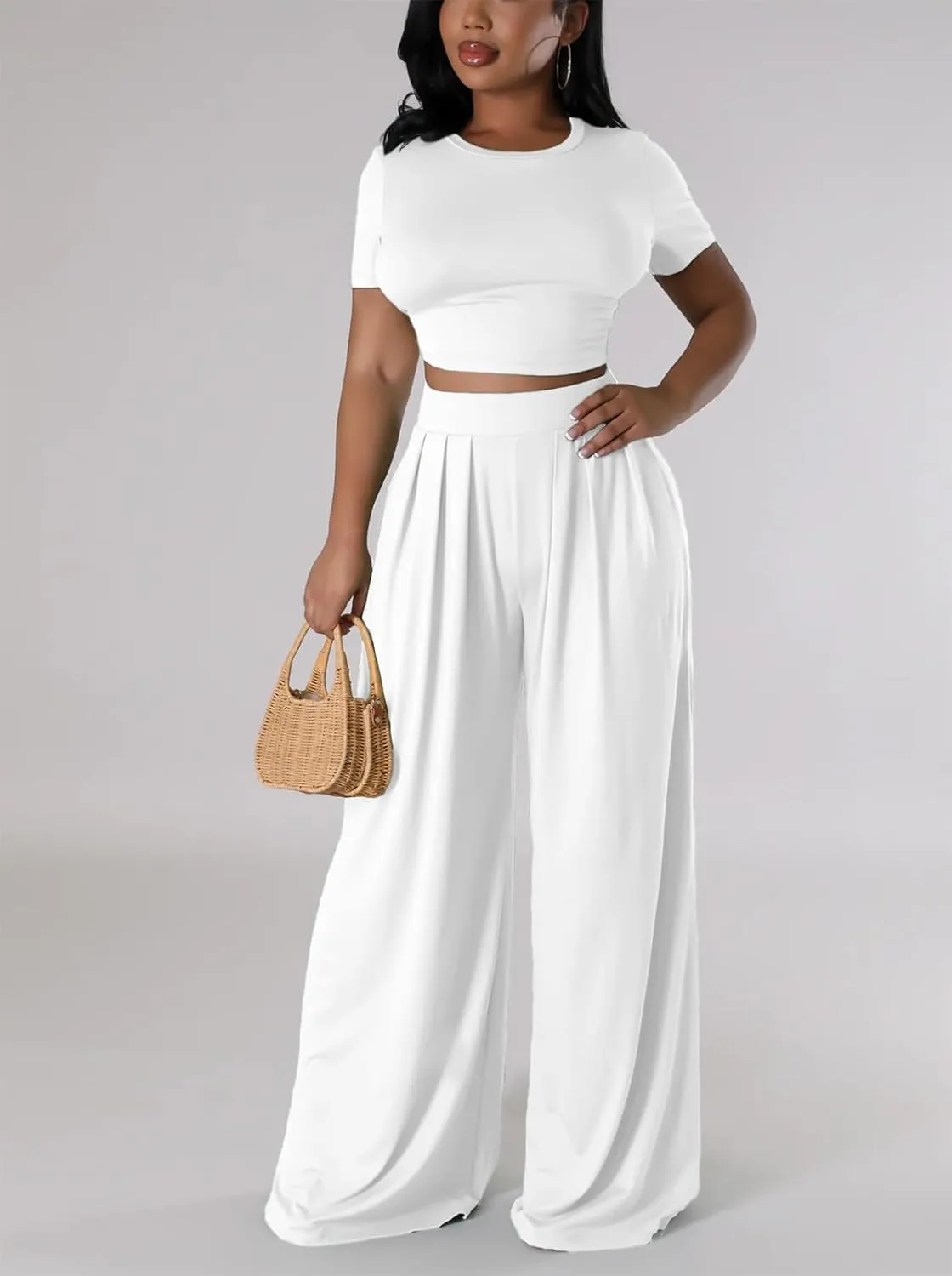 Womens 2 Piece Lounge Sets Casual Comfy Tracksuits Outfits Crop Tops Round Neck Wide Leg Pants Short Sleeve Jumpsuits