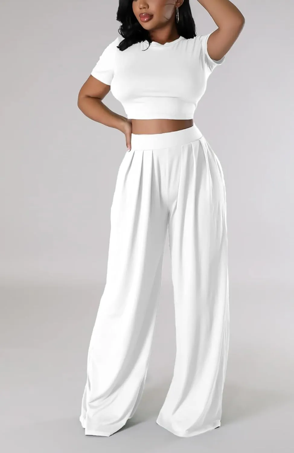 Womens 2 Piece Lounge Sets Casual Comfy Tracksuits Outfits Crop Tops Round Neck Wide Leg Pants Short Sleeve Jumpsuits