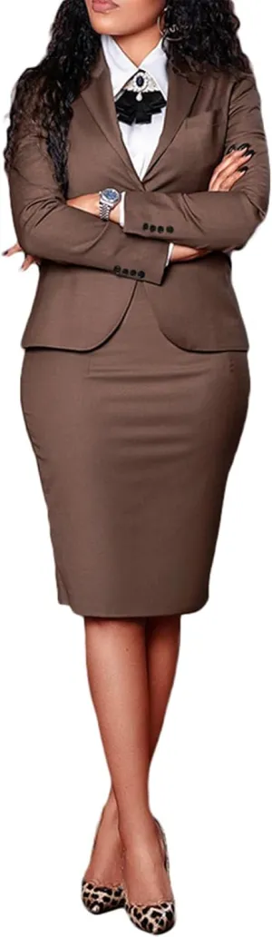 Women's 2 Piece Suit Skirt Set Business Formal Long Sleeve Blazer Jacket and Midi Pencil Skirt Plus Size