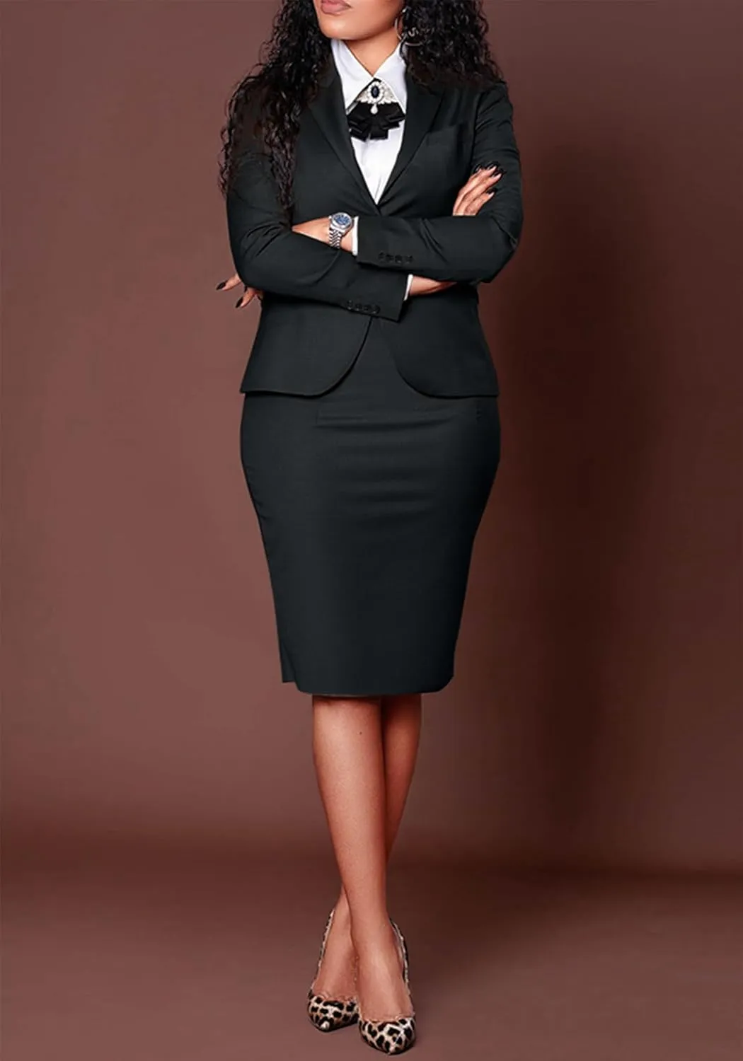 Women's 2 Piece Suit Skirt Set Business Formal Long Sleeve Blazer Jacket and Midi Pencil Skirt Plus Size