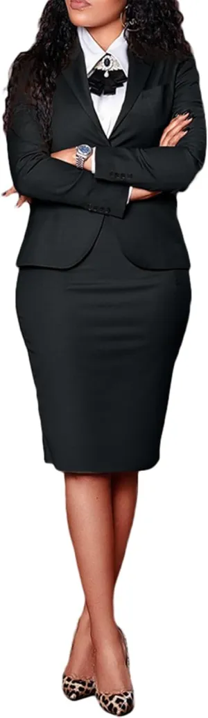 Women's 2 Piece Suit Skirt Set Business Formal Long Sleeve Blazer Jacket and Midi Pencil Skirt Plus Size