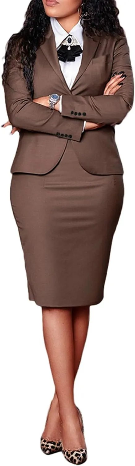 Women's 2 Piece Suit Skirt Set Business Formal Long Sleeve Blazer Jacket and Midi Pencil Skirt Plus Size