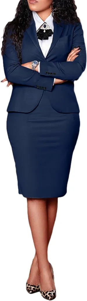 Women's 2 Piece Suit Skirt Set Business Formal Long Sleeve Blazer Jacket and Midi Pencil Skirt Plus Size