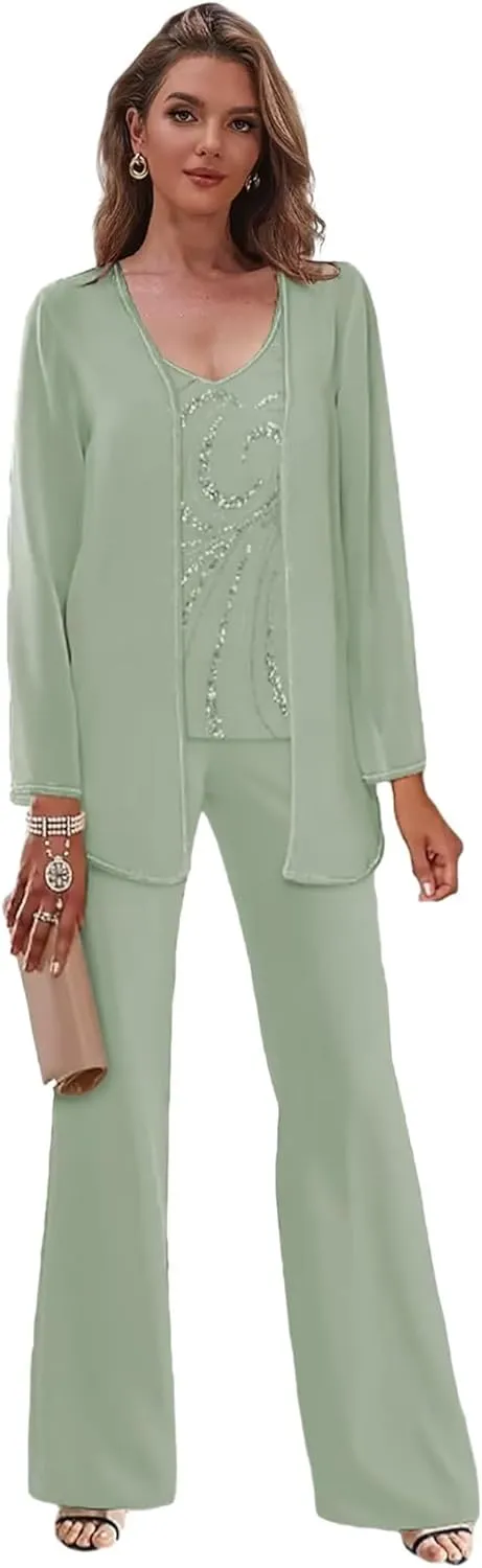 Women's 3 Pieces Beaded Mother of The Bride Pant Suits with Jacket Chiffon Dressy Pantsuits for Wedding Guest