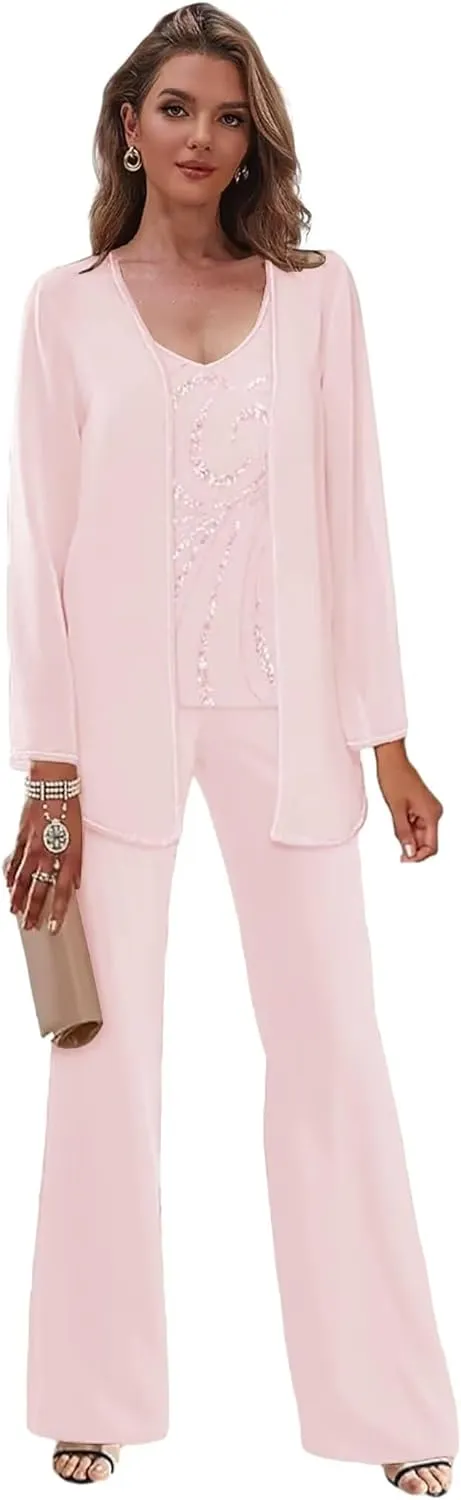 Women's 3 Pieces Beaded Mother of The Bride Pant Suits with Jacket Chiffon Dressy Pantsuits for Wedding Guest