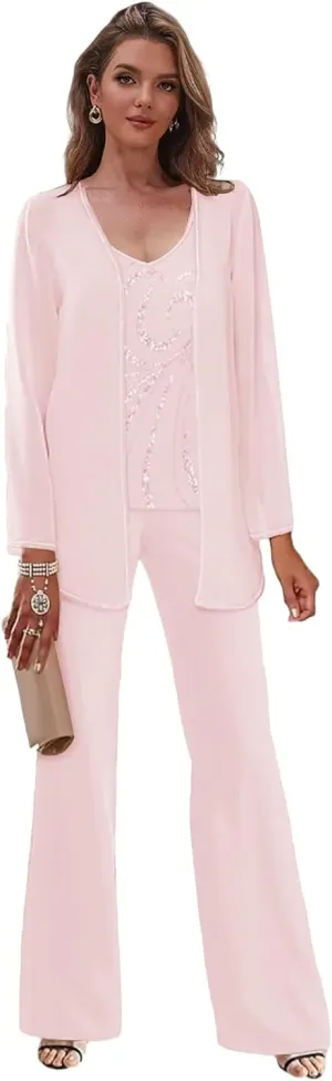 Women's 3 Pieces Beaded Mother of The Bride Pant Suits with Jacket Chiffon Dressy Pantsuits for Wedding Guest
