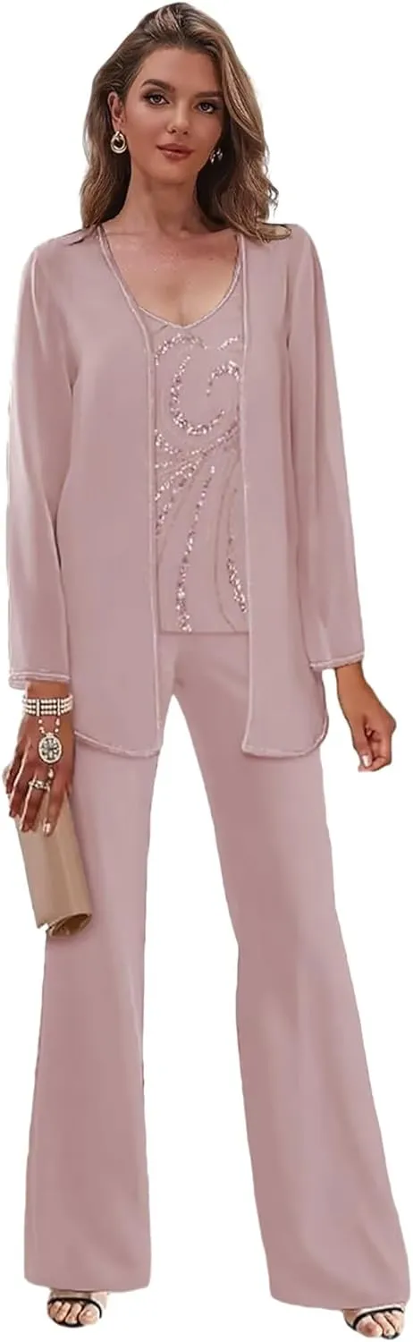 Women's 3 Pieces Beaded Mother of The Bride Pant Suits with Jacket Chiffon Dressy Pantsuits for Wedding Guest