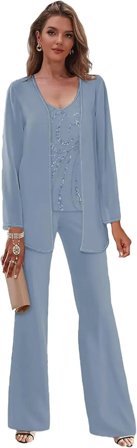 Women's 3 Pieces Beaded Mother of The Bride Pant Suits with Jacket Chiffon Dressy Pantsuits for Wedding Guest