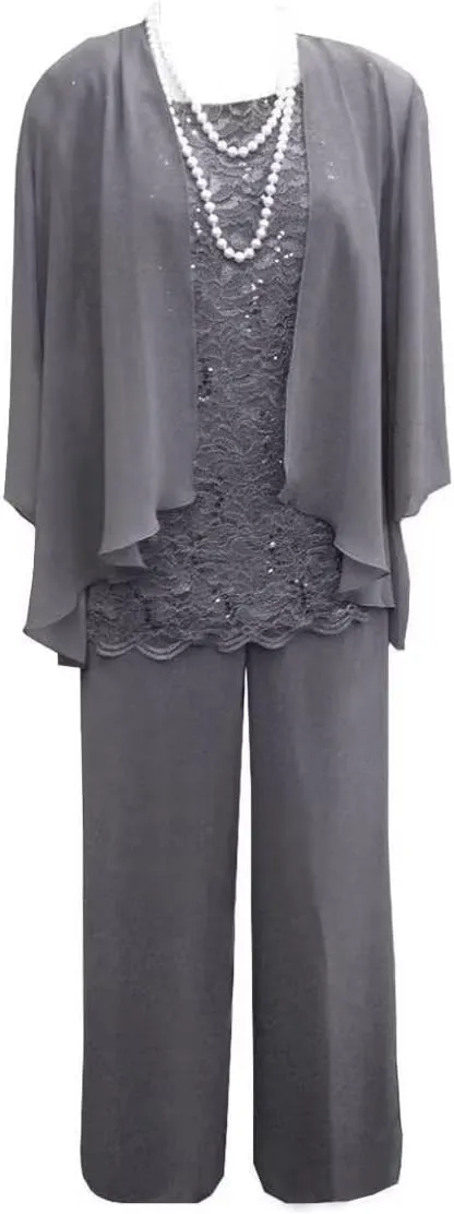 Women's 3 Pieces Mother of The Bride Dress Pant Suits Lace Wedding Guest Dress with Jacket