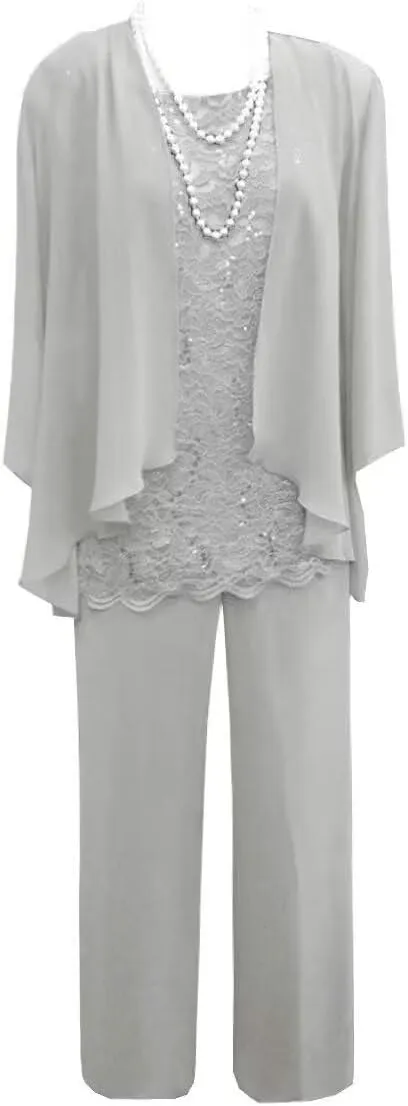 Women's 3 Pieces Mother of The Bride Dress Pant Suits Lace Wedding Guest Dress with Jacket